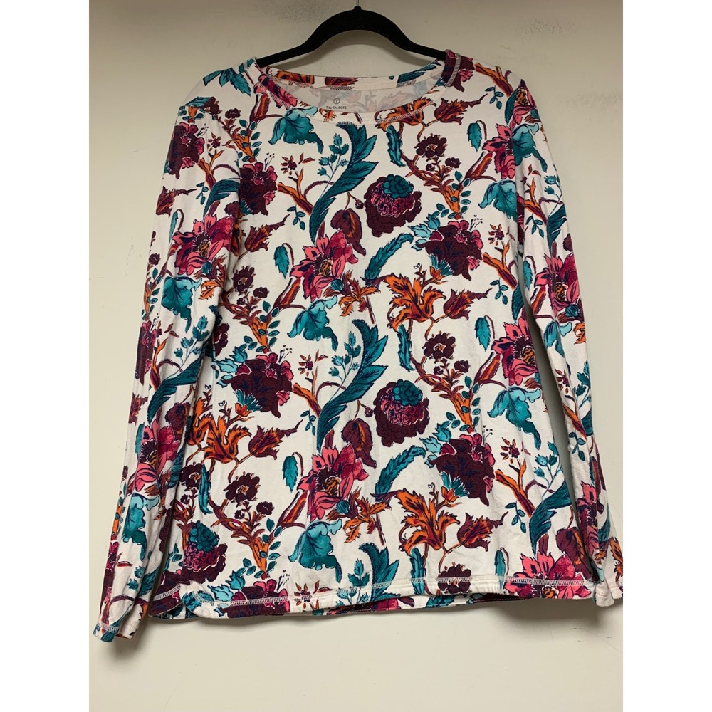 T by Talbots Floral Long Sleeve Tee Womens Small White Pink Excellent Knit‎ Top